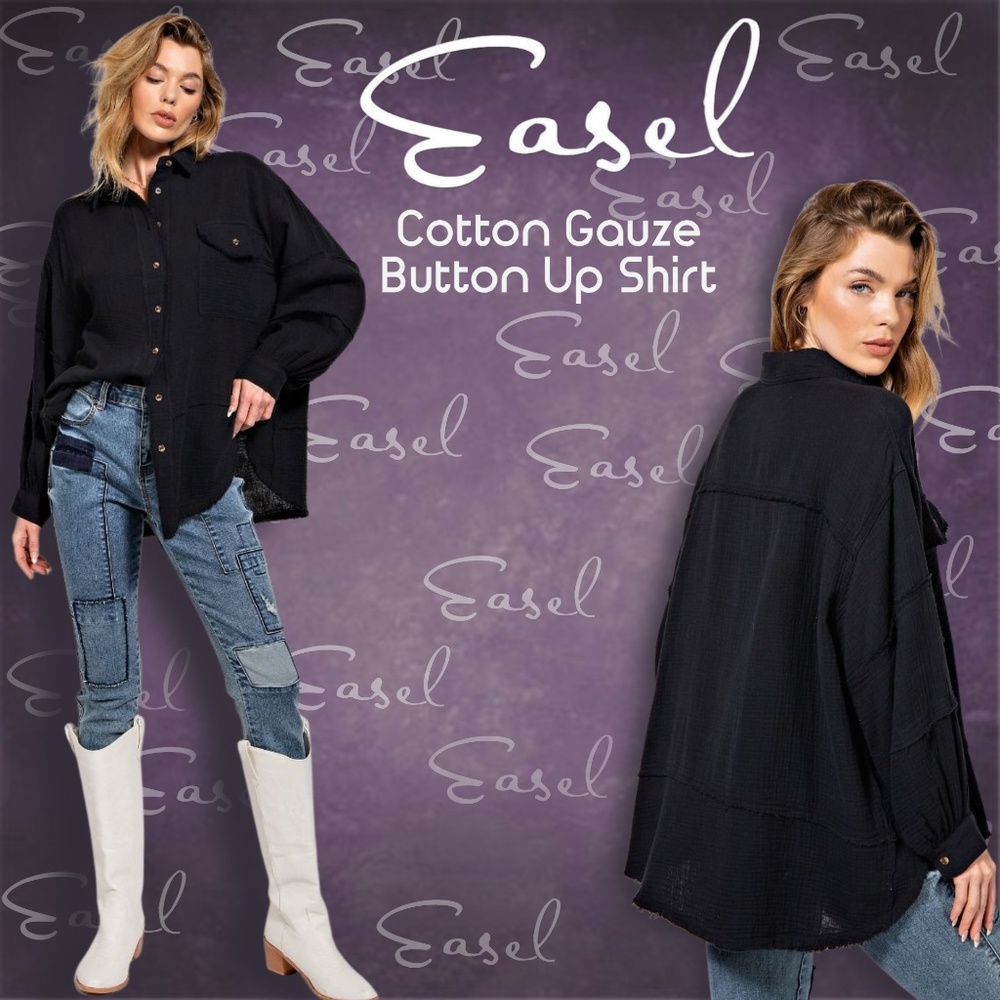 EASEL 100% Cotton Gauze Button Up, Balloon Sleeves Cuffs, Raw Frayed Hem Details